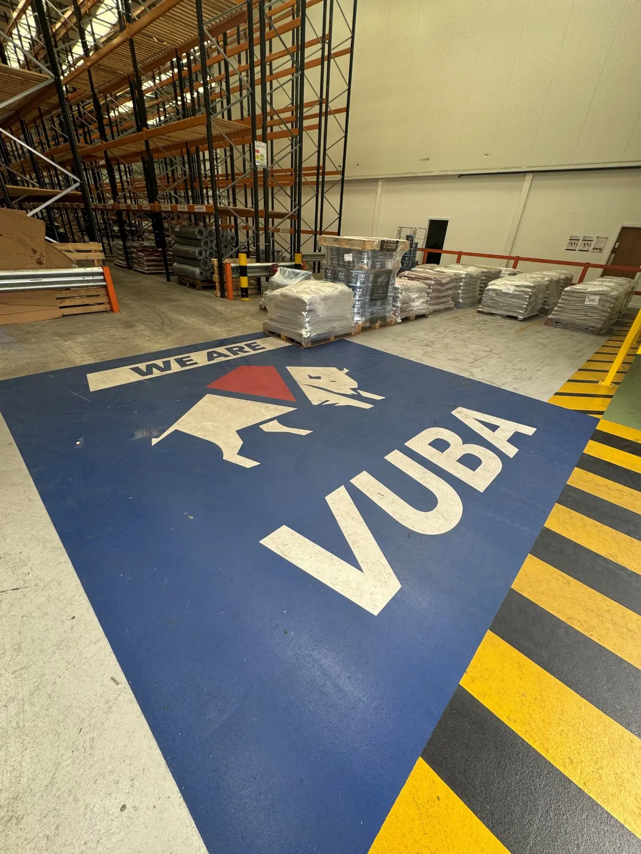 Vuba branding and stocked pallets at the Essex distribution centre